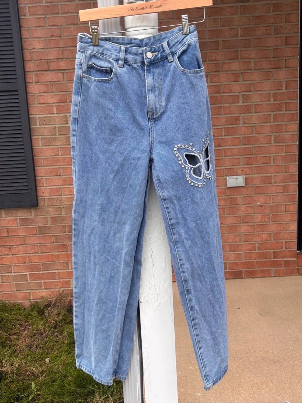 Cider High-Rise Light Blue Denim Jeans with Embellished Butterfly